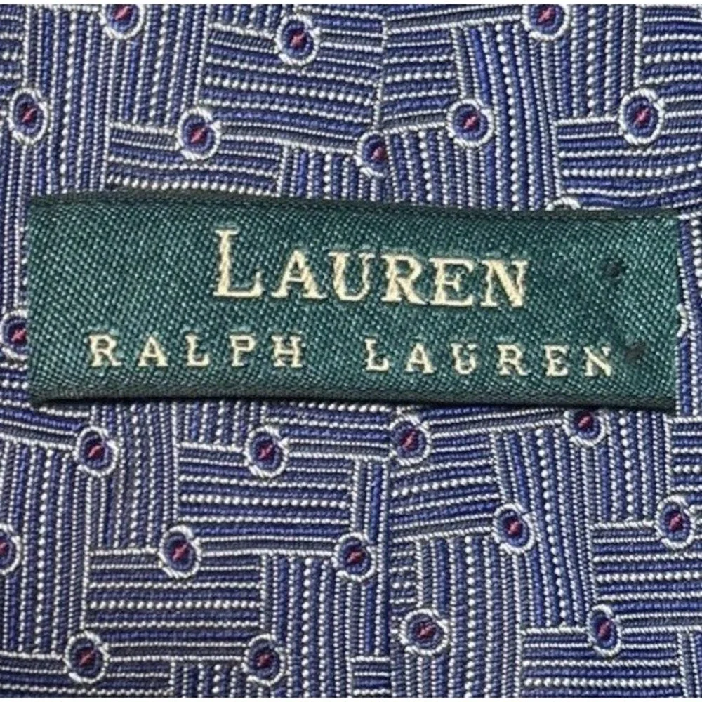 Ralph Lauren Silk Tie Green Label Blue Geometric Print Hand Finished Made in USA